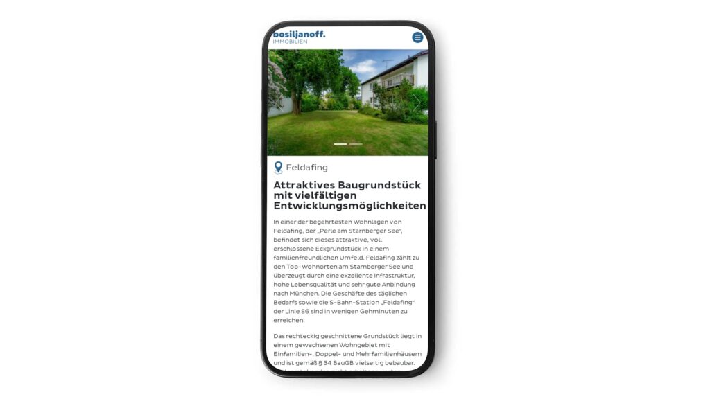 Mobile-Ansicht einer Detailseite auf der Website von Bosiljanoff Immobilien.