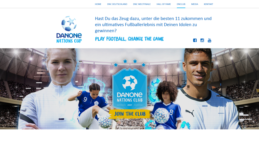 Website-Bereich des digitalen Danone Nations Club mit Informationen und internationalen Botschaftern