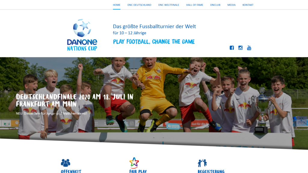 Desktop-Ansicht der Startseite des Danone Nations Cup Deutschland