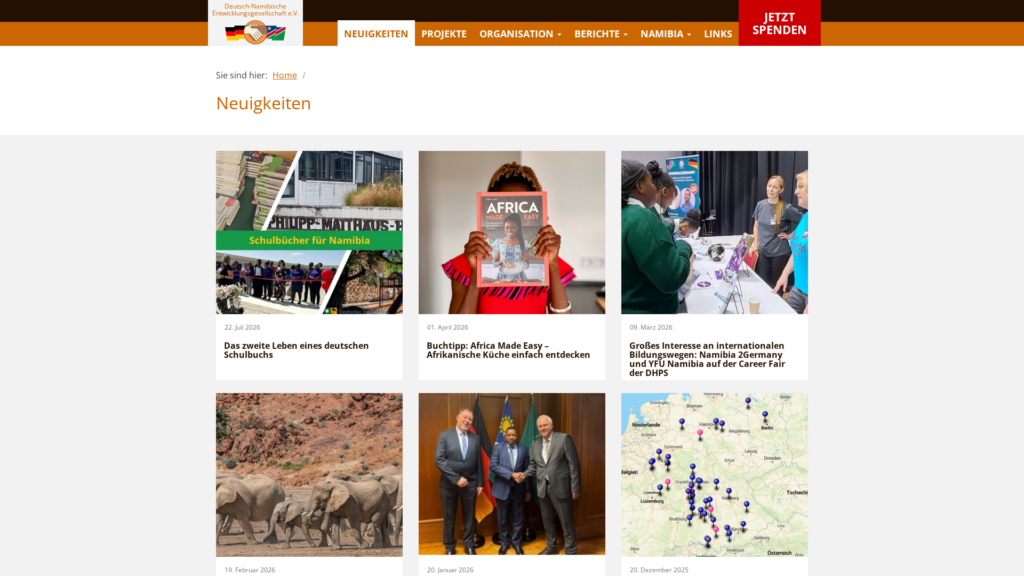 Neuigkeitenübersicht auf der Website der Deutsch-Namibischen Entwicklungsgesellschaft