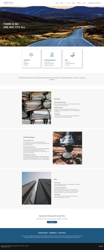 Leistungen Webseite von Hemmelrath Management Consulting in der Desktop-Ansicht