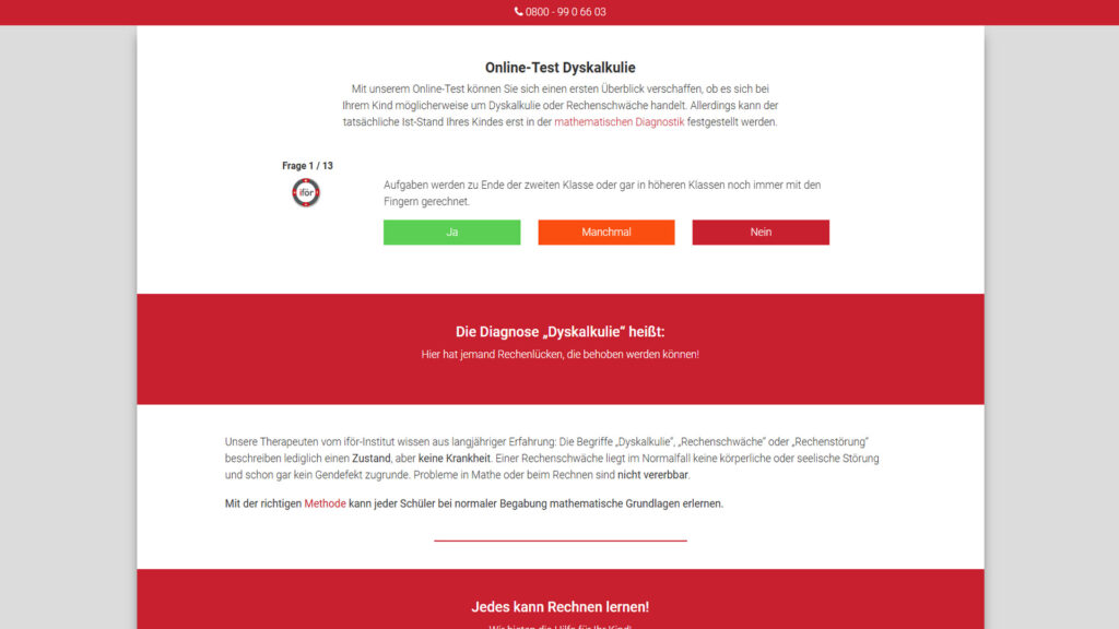 Interaktiver Dyskalkulie-Test auf der Website des iför Instituts