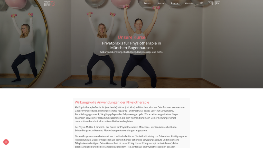 Desktop-Ansicht der Website Physio Mutter & Kind 73