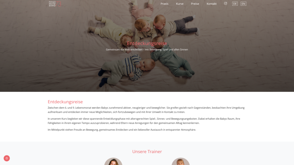 Kursdetailseite von Physio Mutter & Kind 73 mit Kursinformationen, Trainer und Terminen