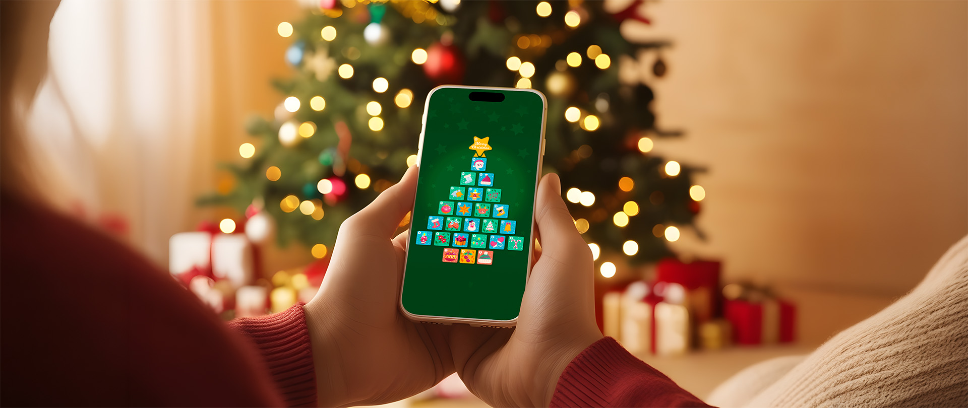 Digitales Weihnachtsgewinnspiel auf einem Smartphone mit Geschenken, Sternen und interaktivem Adventskalender im Hintergrund